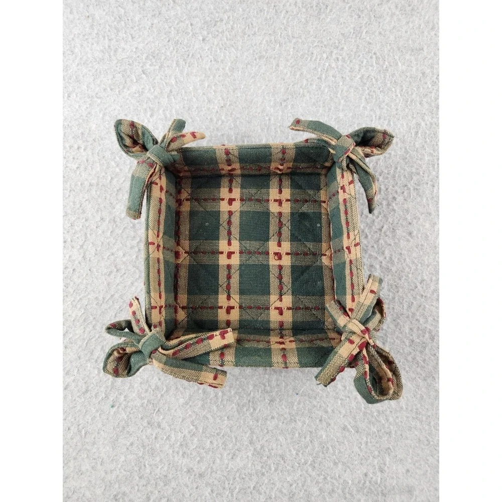 Farmhouse Country Fabric Cloth Bread Basket Side Ties Square Green & Red Plaid